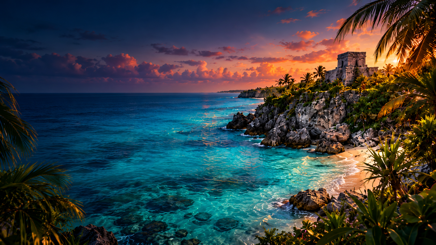 Bahía tropical al atardecer